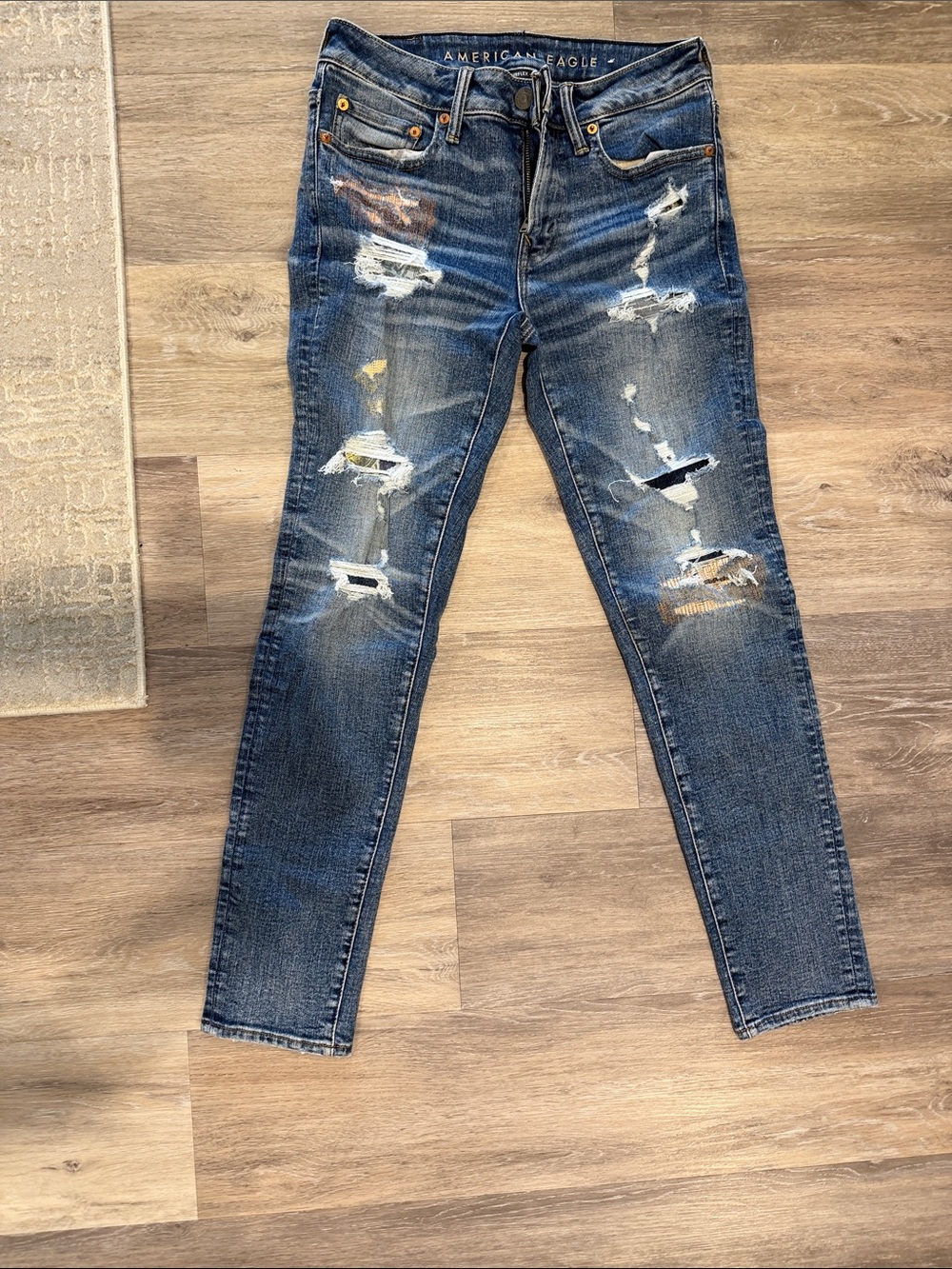 American Eagle Outfitters Mens Pride Ripped Jeans - Blue with Yellow Accents